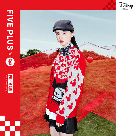 FIVE PLUS2022新款女春装泡泡玛特红色毛衣女宽松卡通米奇套头衫2WN1030020 商品图1