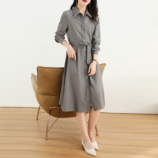 AHM-ht9663 衬衫连衣裙女2022春新款系带修身显瘦长袖知性风气质淑女中长款裙 商品图1