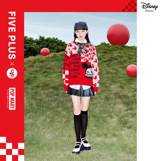 FIVE PLUS2022新款女春装泡泡玛特红色毛衣女宽松卡通米奇套头衫2WN1030020 商品图2