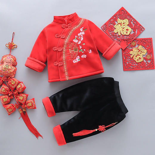 【虎年刺绣宝宝套装 甄选优质面料】2021冬季新品男童拜年服唐装中国风宝宝过年红色喜庆加绒加厚套装 商品图7