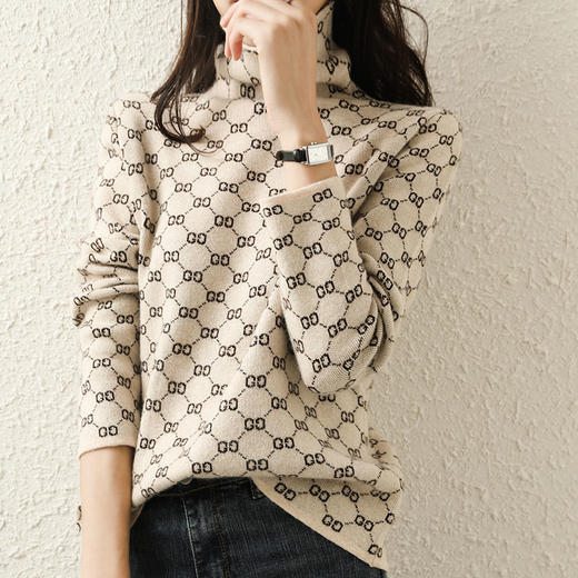 秋冬新款高领加厚宽松慵懒范针织提花复古堆堆毛衣 RWQ8707 商品图4