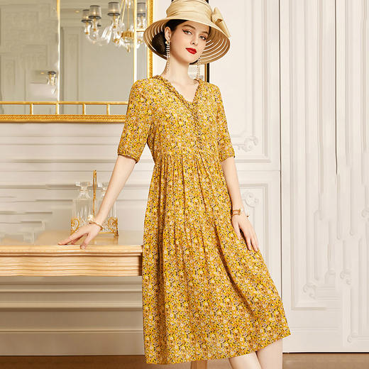 丁摩【断码清仓】 真丝连衣裙V领桑蚕丝a字裙黄色碎花洋气裙子W503-WX013 商品图0