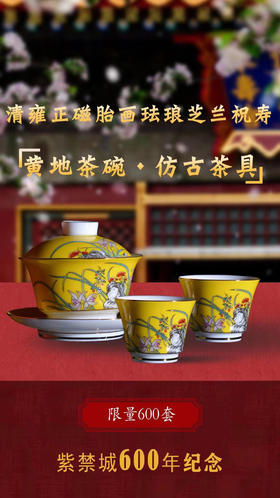 紫禁城600年茶具 雍正磁胎画珐琅芝兰祝寿黄地仿古茶具