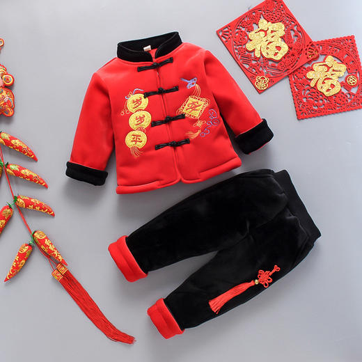 【虎年刺绣宝宝套装 甄选优质面料】2021冬季新品男童拜年服唐装中国风宝宝过年红色喜庆加绒加厚套装 商品图10