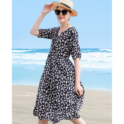 丁摩【断码清仓】 真丝连衣裙V领桑蚕丝a字裙黄色碎花洋气裙子W503-WX013 商品图2