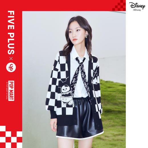 FIVE PLUS 2022新款女春装泡泡玛特联名格子毛衣开衫女卡通V领外套2WN1030090 商品图4