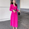 DT2110 气质厚实保暖针织连衣裙秋冬2021新款毛衣女v领长袖a字裙中长裙 商品缩略图0