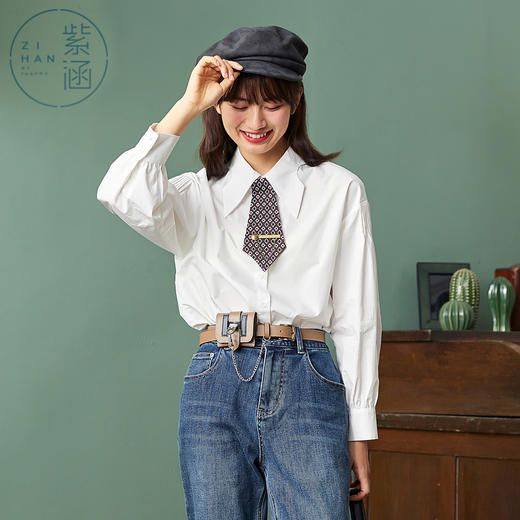 ZIHAN紫涵蝴蝶领长袖衬衫2022春季新款设计感领带复古打底女士纯色内搭Z2Z01AS125 商品图0