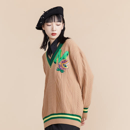 MIIDII谜底2022春复古学院风宽松V领刺绣套头针织衫女221MZ0316 商品图1