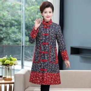 BKX-5202 冬装民族风盘扣棉衣加棉加厚老年女装外套大码中长款立领棉服 商品图1