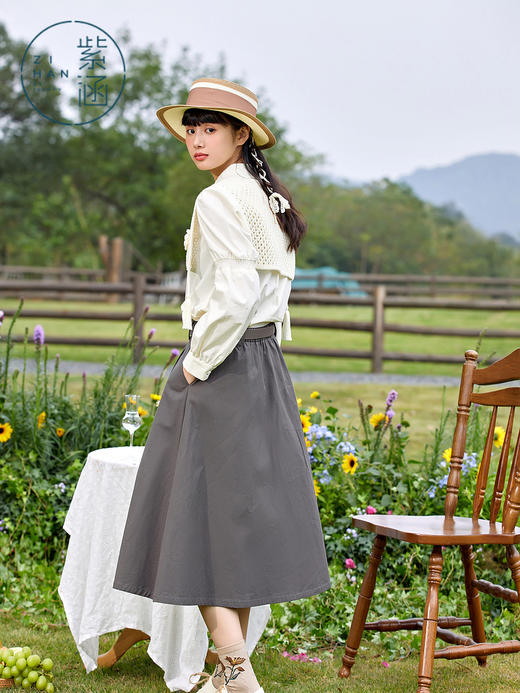 ZIHAN紫涵复古文艺白衬衫套装女2022春新款尖领长袖衬衫针织马甲两件套Z12Z01ZS513 商品图4