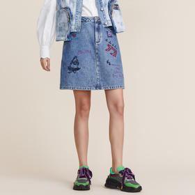 MIIDII谜底2022春新款时尚减龄图案印花A型短牛仔半身裙221MB0072