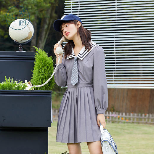 ZIHAN紫涵海军领百褶连衣裙女2022年春季新款学院风撞色文艺裙子中长款2Z01BS270 商品图0