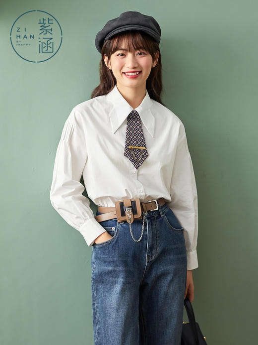 ZIHAN紫涵蝴蝶领长袖衬衫2022春季新款设计感领带复古打底女士纯色内搭Z2Z01AS125 商品图1