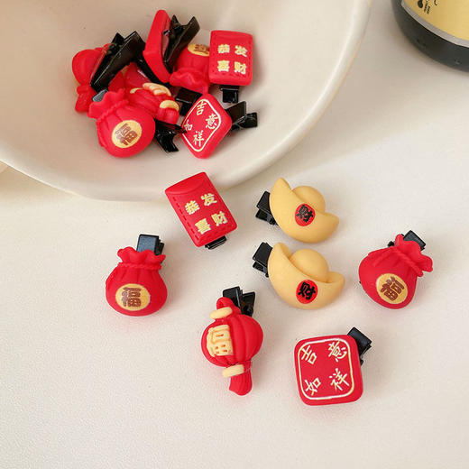 女童过年头饰新款吉祥如意新年金元宝发夹红色恭喜发财边夹发饰 商品图0