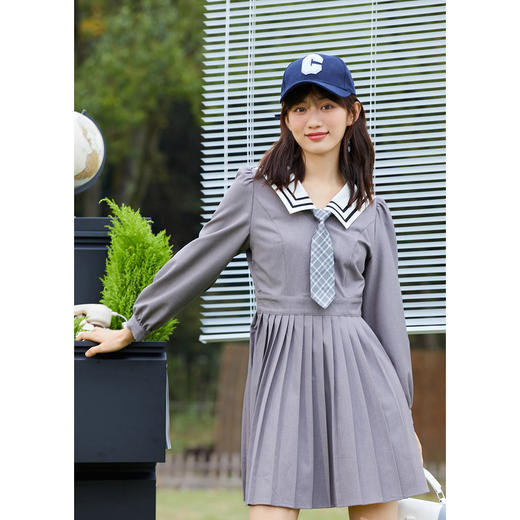 ZIHAN紫涵海军领百褶连衣裙女2022年春季新款学院风撞色文艺裙子中长款2Z01BS270 商品图2