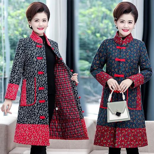 BKX-5202 冬装民族风盘扣棉衣加棉加厚老年女装外套大码中长款立领棉服 商品图0