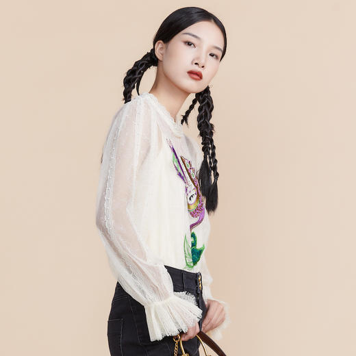 MIIDII谜底2022春新款高订款圆领蕾丝上衣女刺绣221GS0122 商品图2