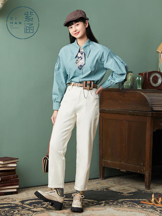 ZIHAN紫涵蝴蝶领长袖衬衫2022春季新款设计感领带复古打底女士纯色内搭Z2Z01AS125 商品图4