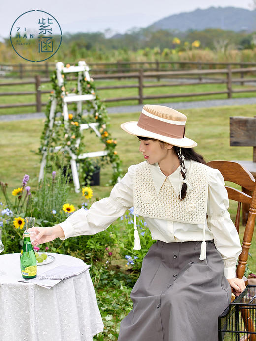ZIHAN紫涵复古文艺白衬衫套装女2022春新款尖领长袖衬衫针织马甲两件套Z12Z01ZS513 商品图2