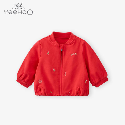 英氏女童外套女宝拉链衫红色休闲短外服22新品棒球衫YRWBJ12123A 商品图0