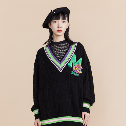 MIIDII谜底2022春复古学院风宽松V领刺绣套头针织衫女221MZ0316 商品图0