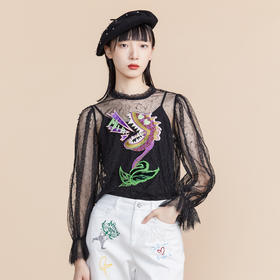 MIIDII谜底2022春新款高订款圆领蕾丝上衣女刺绣221GS0122