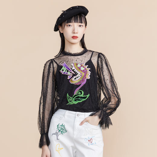 MIIDII谜底2022春新款高订款圆领蕾丝上衣女刺绣221GS0122 商品图0