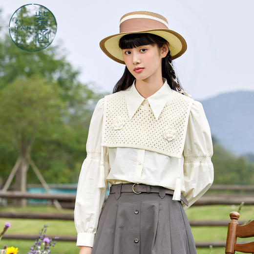 ZIHAN紫涵复古文艺白衬衫套装女2022春新款尖领长袖衬衫针织马甲两件套Z12Z01ZS513 商品图0