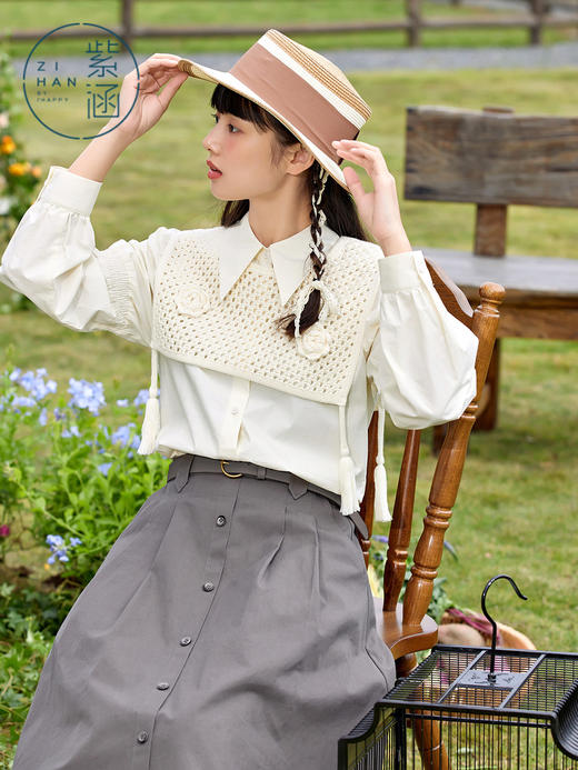 ZIHAN紫涵复古文艺白衬衫套装女2022春新款尖领长袖衬衫针织马甲两件套Z12Z01ZS513 商品图1