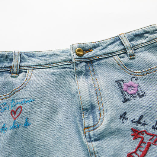 MIIDII谜底2022春新款时尚减龄图案印花A型短牛仔半身裙221MB0072 商品图3