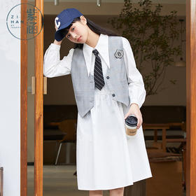 ZIHAN紫涵马甲连衣裙两件套女2022春新品学院风徽章背心白色连衣裙套装Z2Z01BS221