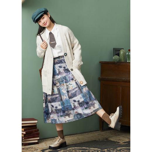 ZIHAN紫涵复古满印半身裙女中长款2022春新品日系甜美A摆抽褶高腰裙子Z2Z01AS136 商品图3