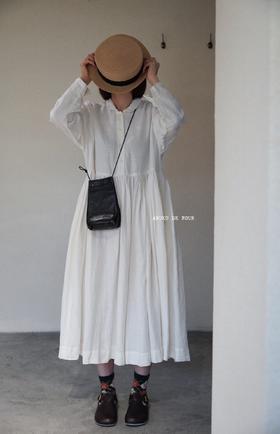 Gauze亚麻/黑长袖连衣裙