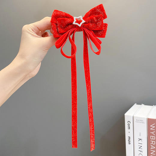 【新年蝴蝶结发夹】喜庆红色蝴蝶结发夹儿童女童过年新年流苏发卡发饰头饰女宝宝超仙飘带 商品图7