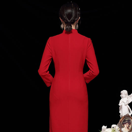 宴会旗袍，钉珠荷叶边流苏斗篷连衣裙两件套  OY-21176 商品图3