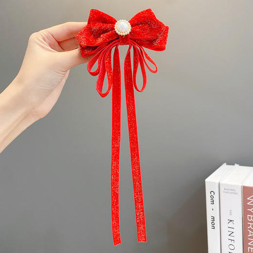 【新年蝴蝶结发夹】喜庆红色蝴蝶结发夹儿童女童过年新年流苏发卡发饰头饰女宝宝超仙飘带 商品图6