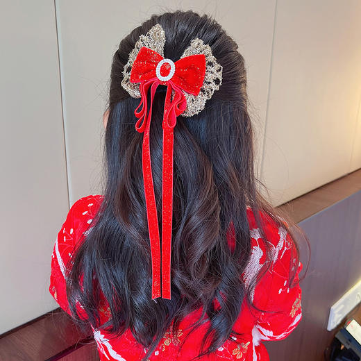 【新年蝴蝶结发夹】喜庆红色蝴蝶结发夹儿童女童过年新年流苏发卡发饰头饰女宝宝超仙飘带 商品图1