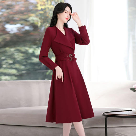 LJYNY2287 2022春季新品韩版修身显瘦纯色V领中长款系带连衣裙 商品图2