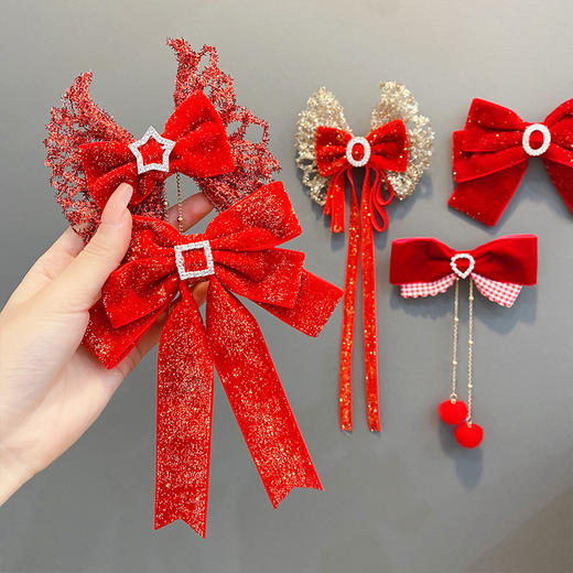 【新年蝴蝶结发夹】喜庆红色蝴蝶结发夹儿童女童过年新年流苏发卡发饰头饰女宝宝超仙飘带 商品图0
