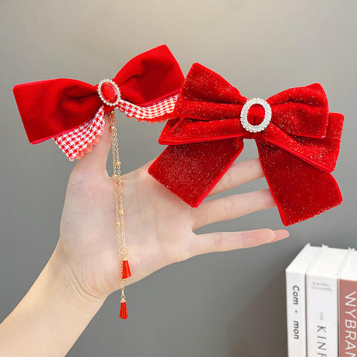【新年蝴蝶结发夹】喜庆红色蝴蝶结发夹儿童女童过年新年流苏发卡发饰头饰女宝宝超仙飘带 商品图12