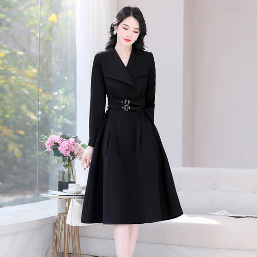 LJYNY2287 2022春季新品韩版修身显瘦纯色V领中长款系带连衣裙 商品图3