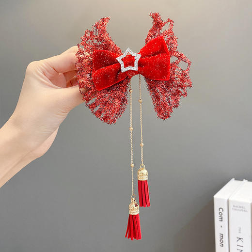 【新年蝴蝶结发夹】喜庆红色蝴蝶结发夹儿童女童过年新年流苏发卡发饰头饰女宝宝超仙飘带 商品图5