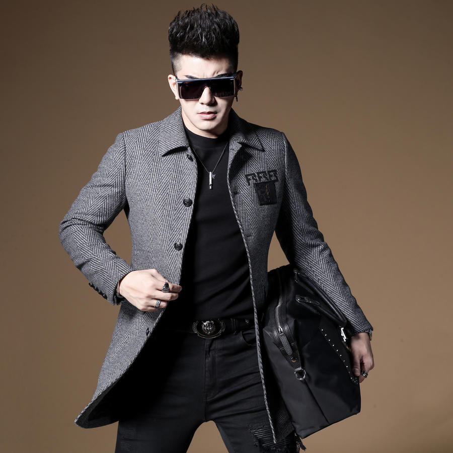 言吉潮牌男装中长款撞色条纹呢大衣yj