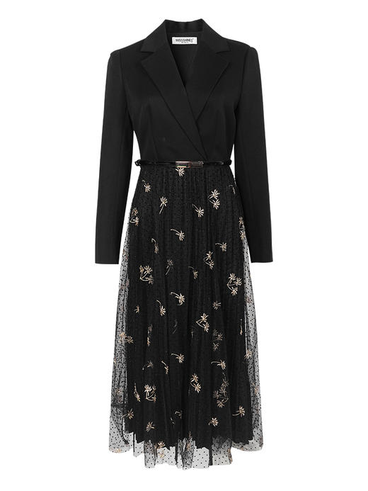 剩S/M 米思阳2024秋季新款时尚气质西装领连衣裙拼接绣花网纱百褶裙0014 商品图4