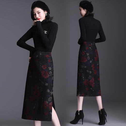 TY79110  新款复古秋冬印花毛呢修身民族风盘扣开叉一步半身裙 商品图4