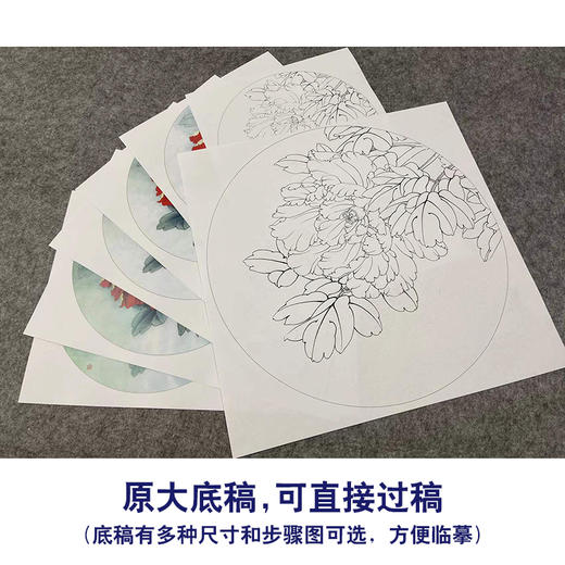 【有步骤、大彩图】李晓明工笔画白描底稿圆形小品《金背大红》牡丹初学者临摹花鸟线稿KA02 商品图1