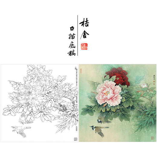 【有步骤、大彩图】李晓明工笔画白描底稿斗方小品《二乔白头》牡丹初学者临摹花鸟线稿KL21 商品图0