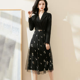 剩S/M 米思阳2024秋季新款时尚气质西装领连衣裙拼接绣花网纱百褶裙0014