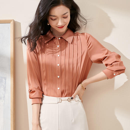剩XL 米思阳2024秋季新款优雅气质宽松通勤衬衫牙签褶撞色珠边上衣0058 商品图1